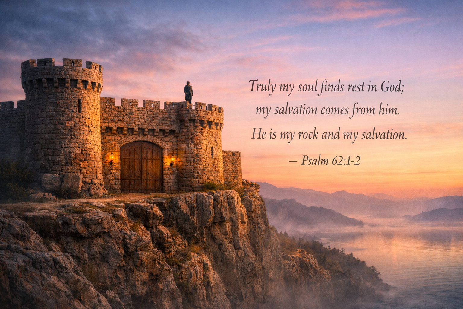 Bible verse wallpaper Psalm 62:1-2 with ancient stone fortress on cliff edge at dawn with figure standing on top